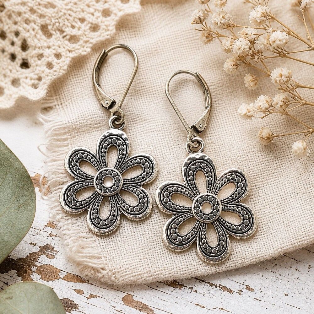 Vintage Silver Tone Filigree Flower Dangle Earrings Floral Leverback Boho 1970